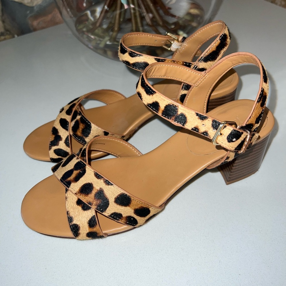 J. Crew Leopard Calf Hair Low Block Heel Sandals, Size 8.5